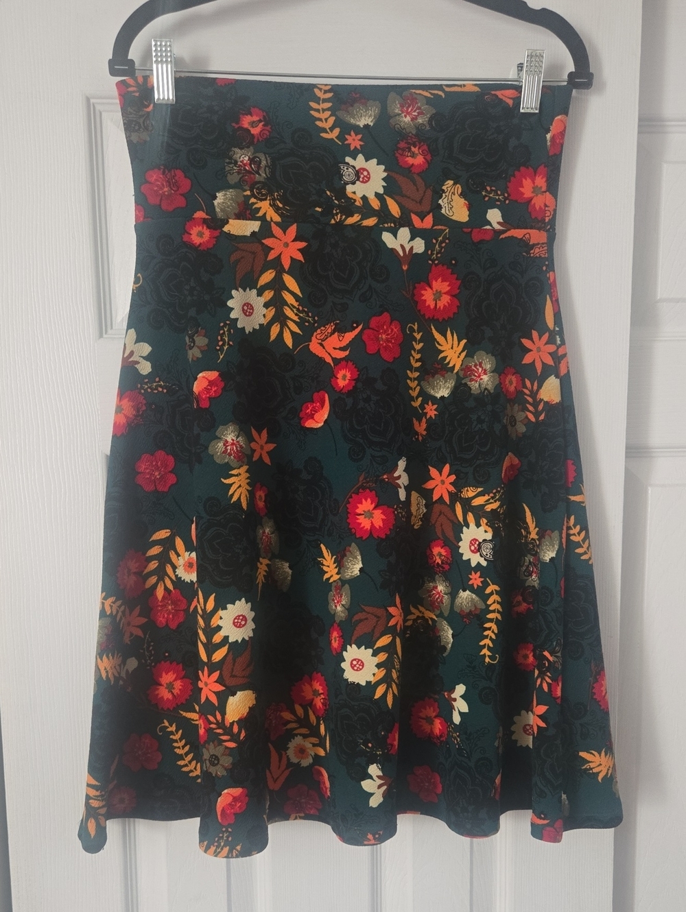 LulaRoe AZURE: Floral A-Line Skirt in Dark Teal with Red & Gold Accents